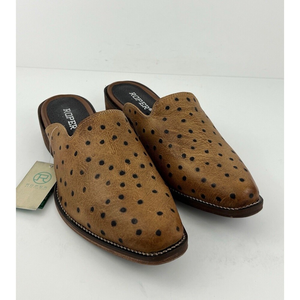 Roper Lynelle Womens 9 Leather Ostrich Print Western Mules Tan Snip Toe New